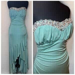 Vintage Strapless Beaded Aqua High Low Mermaid Gown Y2K Prom Formal Dress